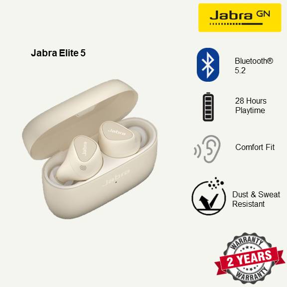 Jabra Elite 5 Gold Beige True Wireless Earbuds - 6-Mic, IP55, Up to 28 Hours Battery - ANC